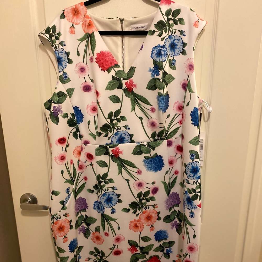 Calvin Klein Floral Print Dress - White, Blue, Pink, Orange, Purple